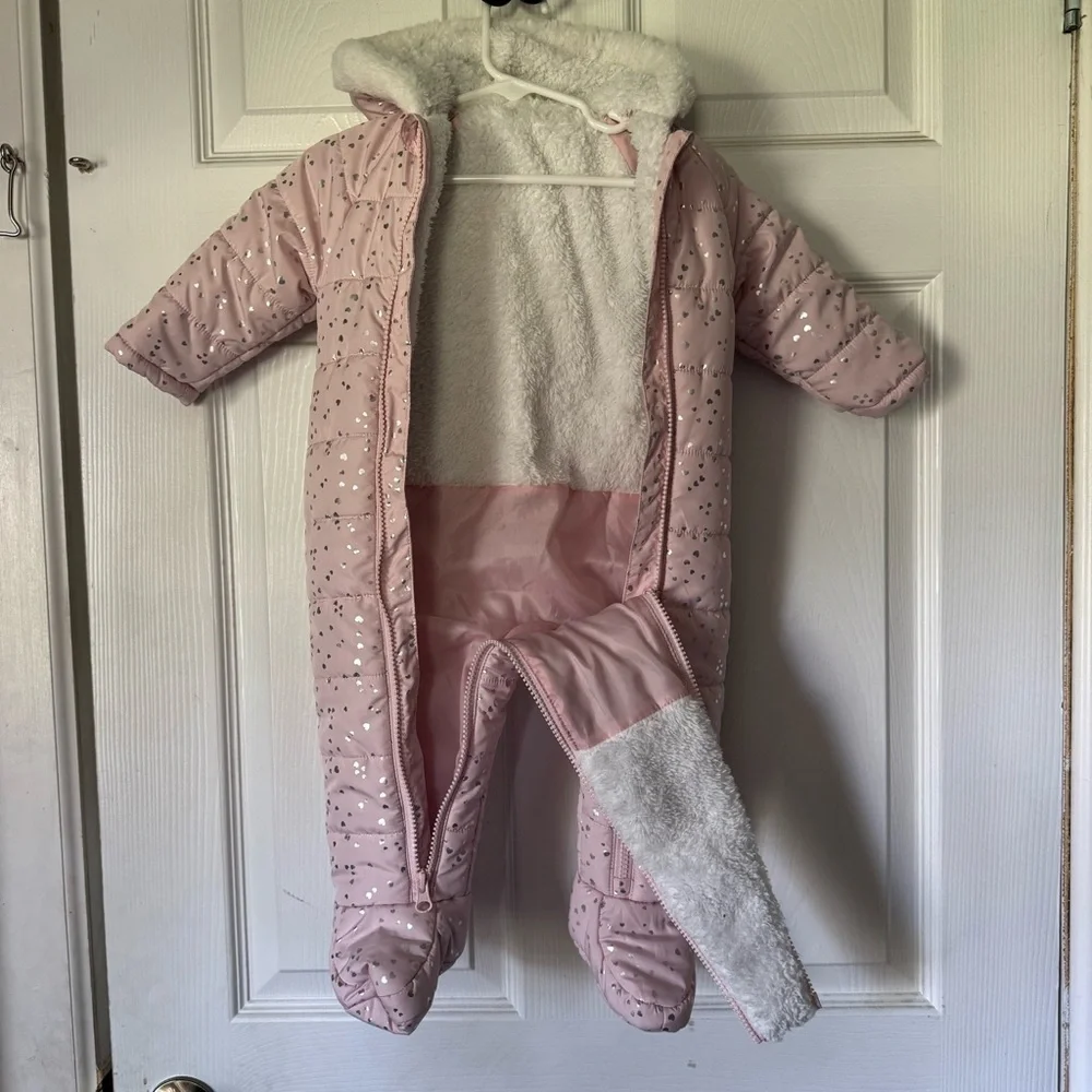 Dunnes Stores Baby Girls Pink Silver Heart Hooded Snowsuit 6–9M